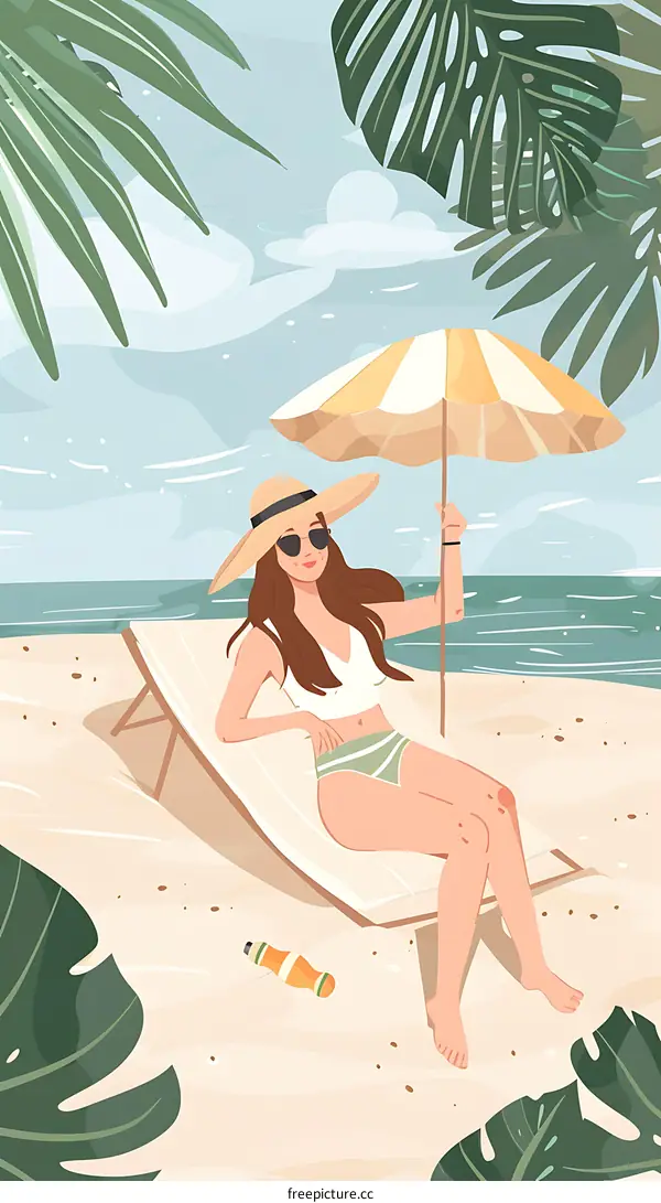 Woman Relaxing on Beach with Palm Trees and Umbrella