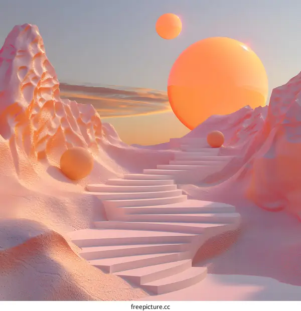 Surreal landscape with stairs leading to a glowing sphere