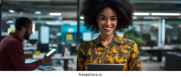 Smiling Black Woman Using Tablet In Modern Office