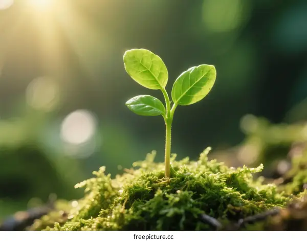 A small green plant sprouting from moss under bright sunlight