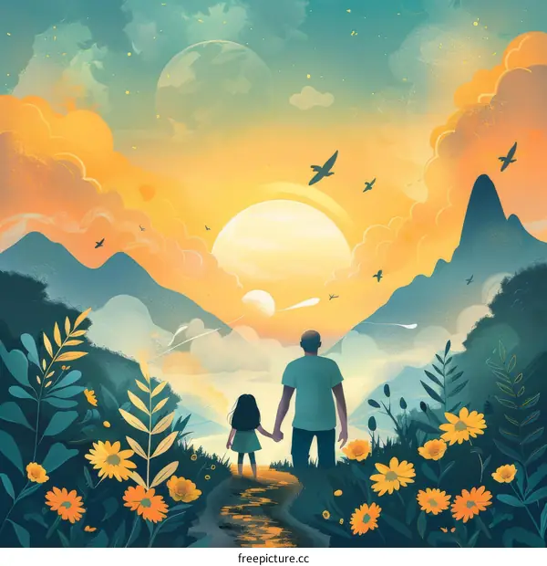 Father and Daughter Walking Towards Sunset in Mountain Landscape Illustration