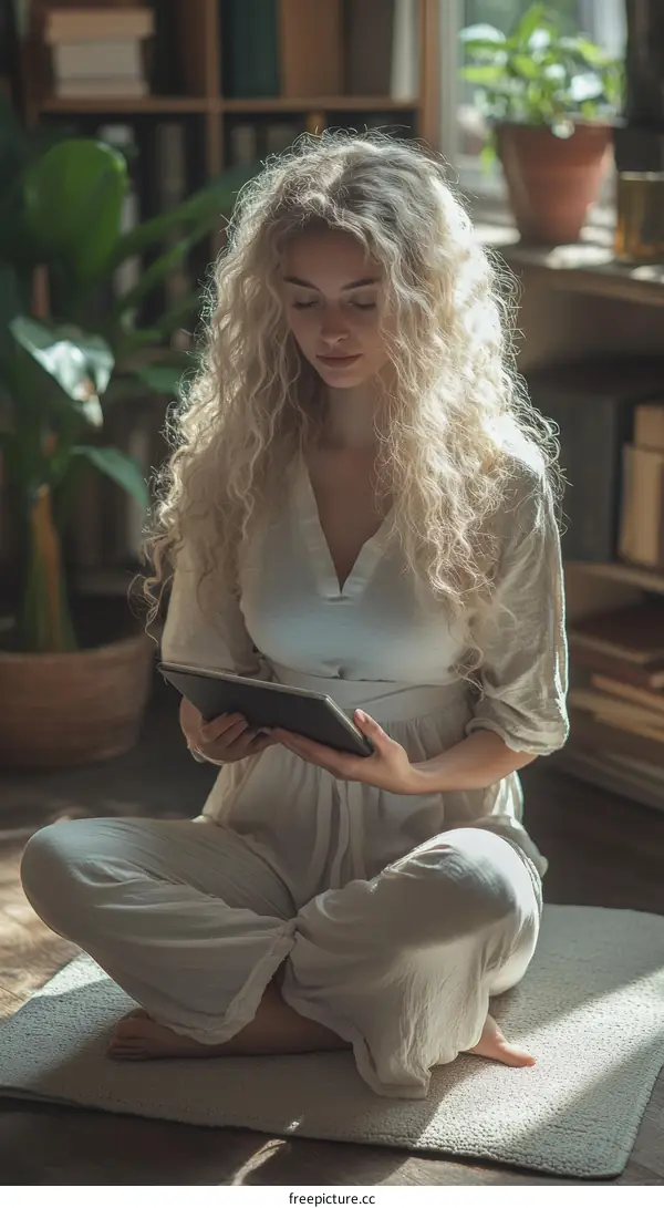 Woman Reading Tablet Indoors Relaxed Atmosphere