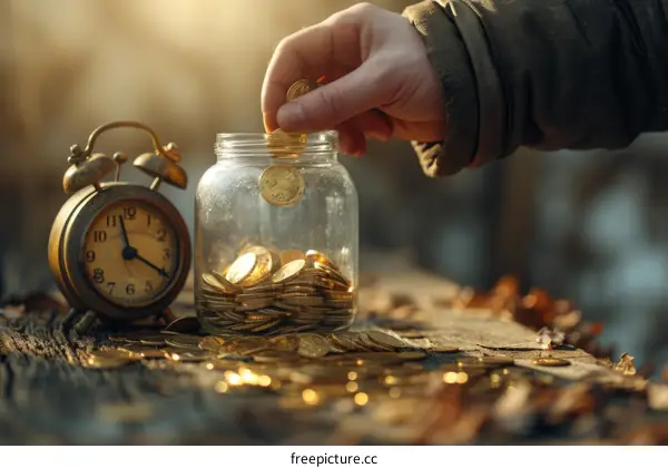 A hand dropping a coin into a jar with an alarm clock beside it