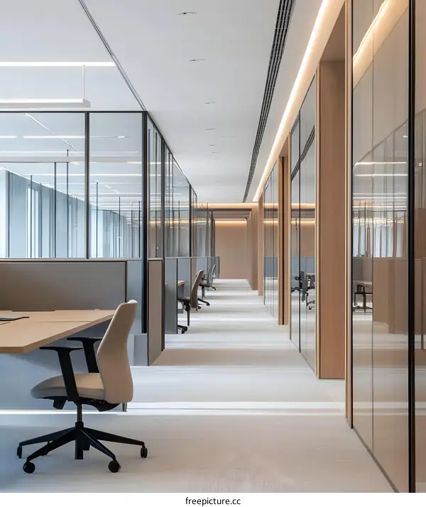 Modern Office Interior Design with Glass Partitions and Wooden Accents
