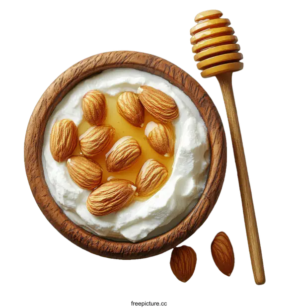 [Transparent Background PNG]Wooden Bowl with Yogurt, Honey, and Almonds