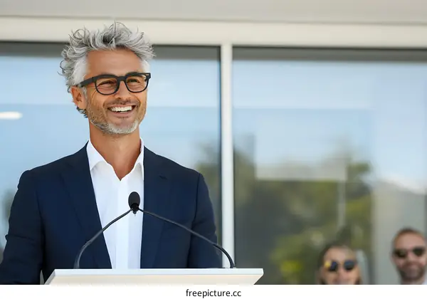 Smiling Man Giving Speech at Podium