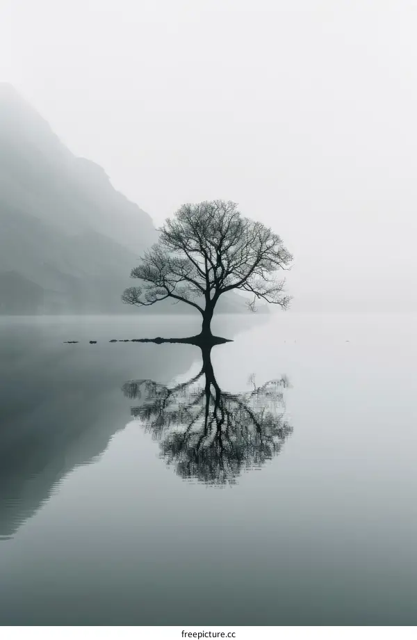 A lone tree stands in the middle of a lake with mountains in the background