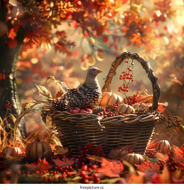 A bird standing in a basket full of pumpkins and berries