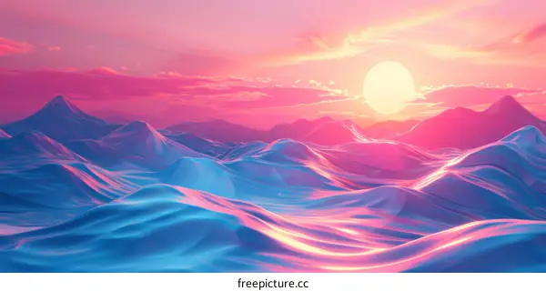 Pink and Blue Mountain Landscape with Sun