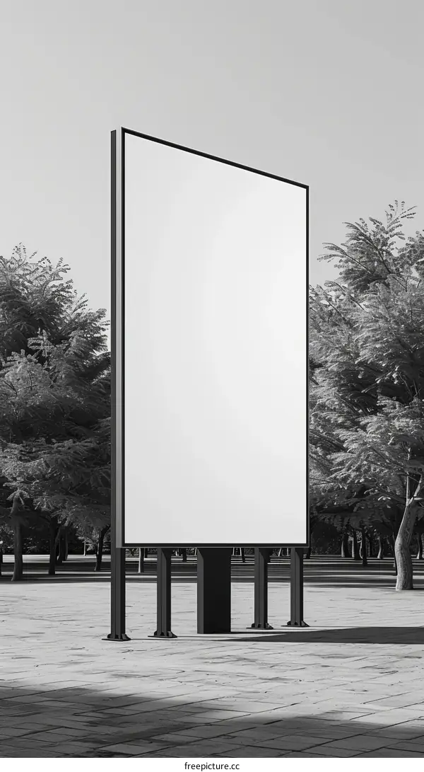 Black and white city park with blank billboard