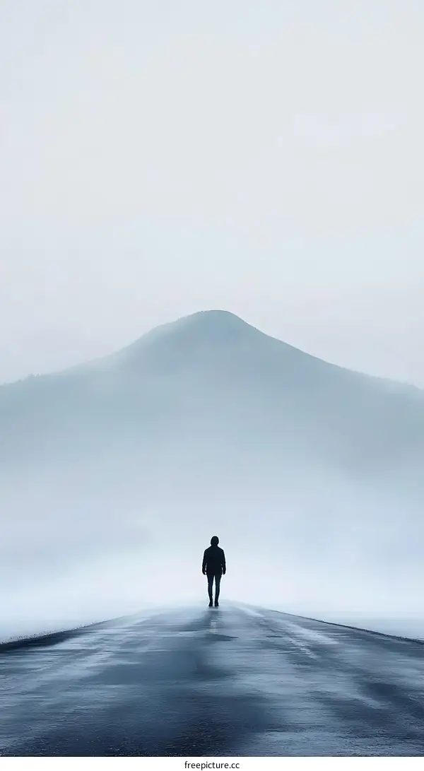 Solitary Figure Walking on a Foggy Road Towards a Mountain