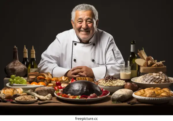 An old chef is sitting at a table full of food