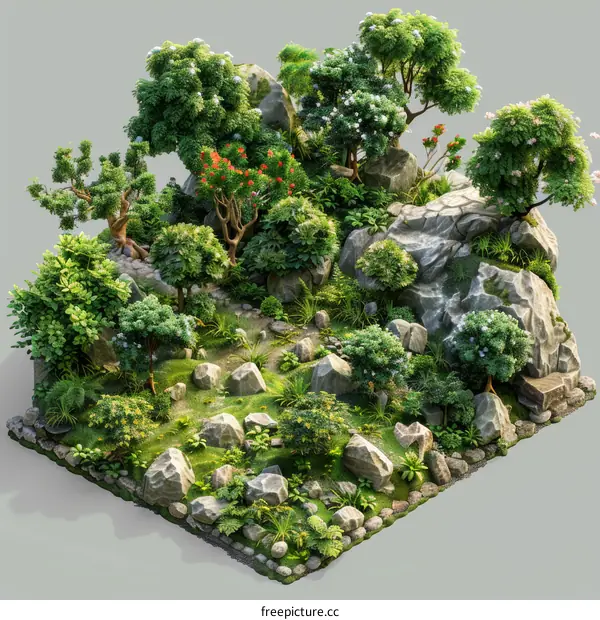 Lush Green Landscape with Rocks, Trees, and Flowers