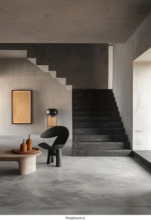 Black Concrete Staircase and Wooden Chair in a Minimalist Home