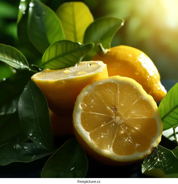 Fresh lemons with water drops on green leaves background
