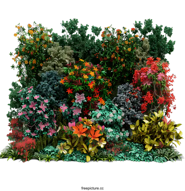 [Transparent Background PNG]A lush green wall of various plants and flowers