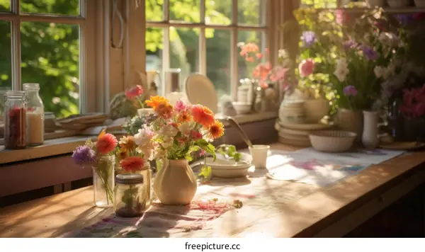 A beautiful bouquet of flowers sitting on a wooden table in front of a bright window