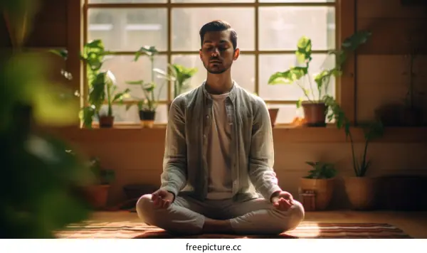 A young man is meditating in a room full of plants