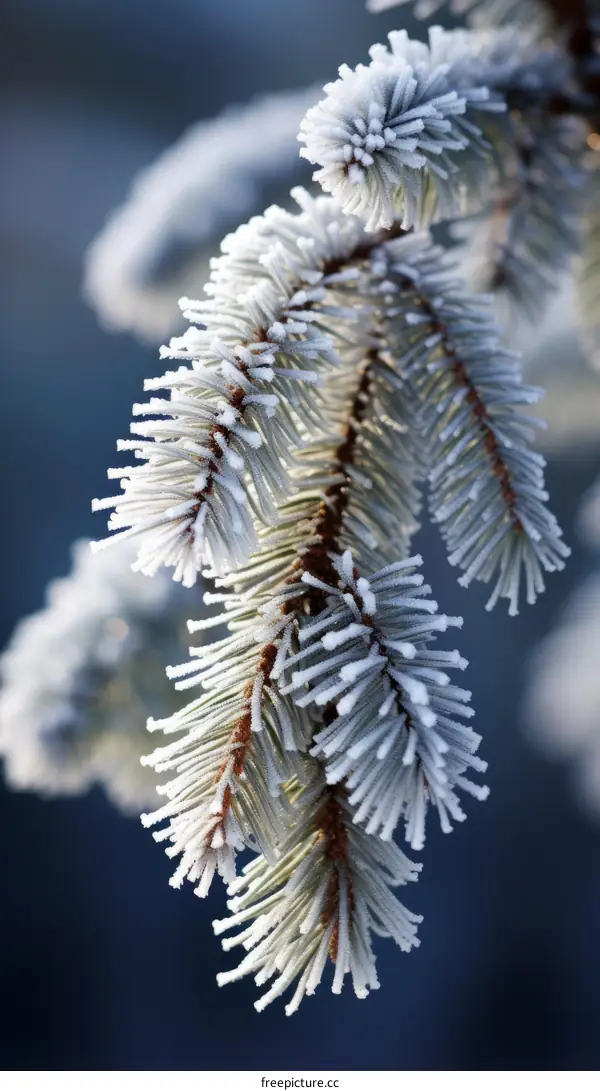 Close-up of a snow-covered fir tree branch