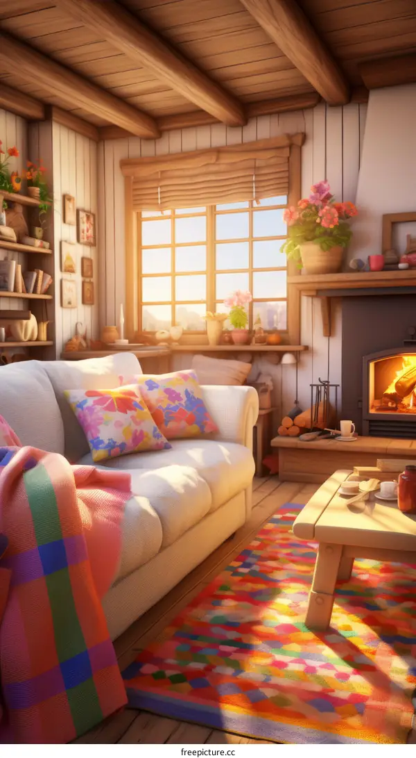 Cozy living room interior with sofa, fireplace and colorful carpet