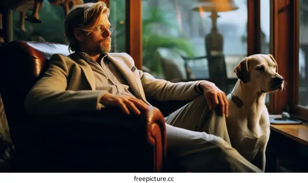 Blond man wearing glasses sitting on a couch with a dog