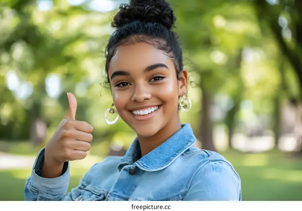 Smiling Woman Giving Thumbs Up in Green Park
