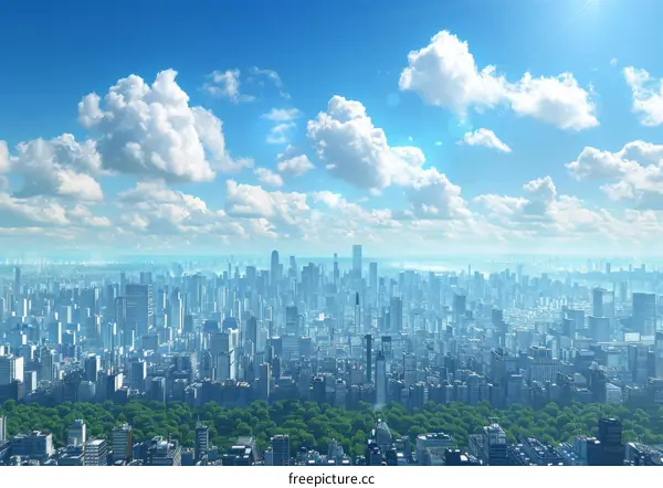 A Flourishing Metropolis with Towering Skyscrapers and Verdant Green Spaces