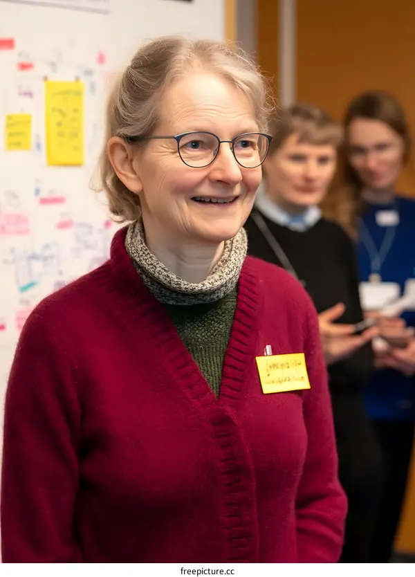 Smiling Woman In Red Cardigan With Name Tag At A Conference