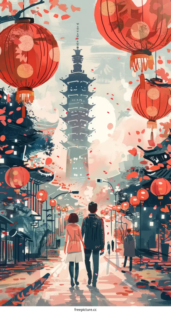 A couple is walking down a street in a city. There are cherry blossoms falling from the trees.