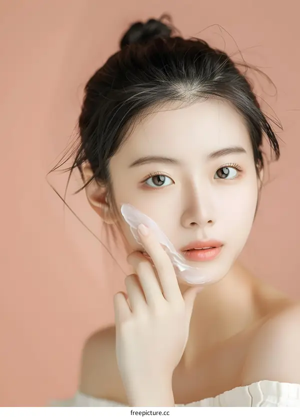 Asian Woman Applying Face Cream On Skin