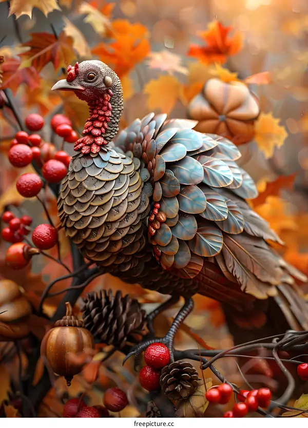 A bronze turkey perches on a branch adorned with red berries and pine cones against a backdrop of autumn leaves.