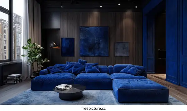 Modern Luxury Living Room Design with Dark Blue Sofa