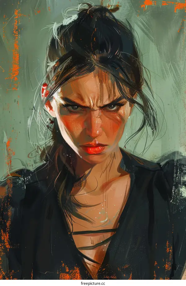 Portrait of a young woman with brown hair and red lips