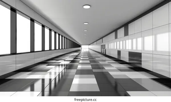 Black and white empty long corridor perspective with shiny floor tiles