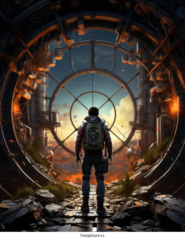 A lone figure stands in a ruined city after an apocalyptic event