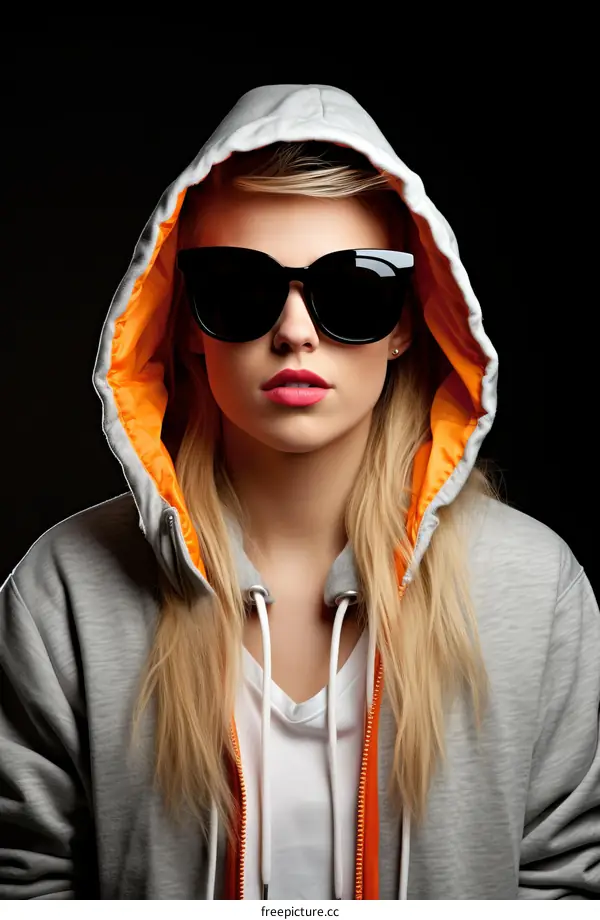 Portrait of a young blonde woman wearing a grey hoodie and sunglasses