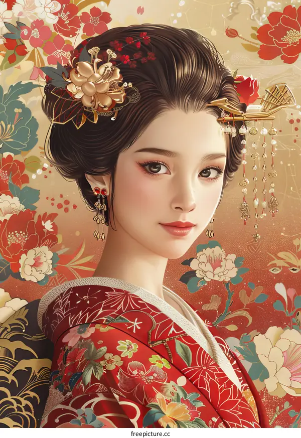 An illustration of a beautiful Japanese woman in a red kimono with traditional Japanese hair ornaments and makeup.