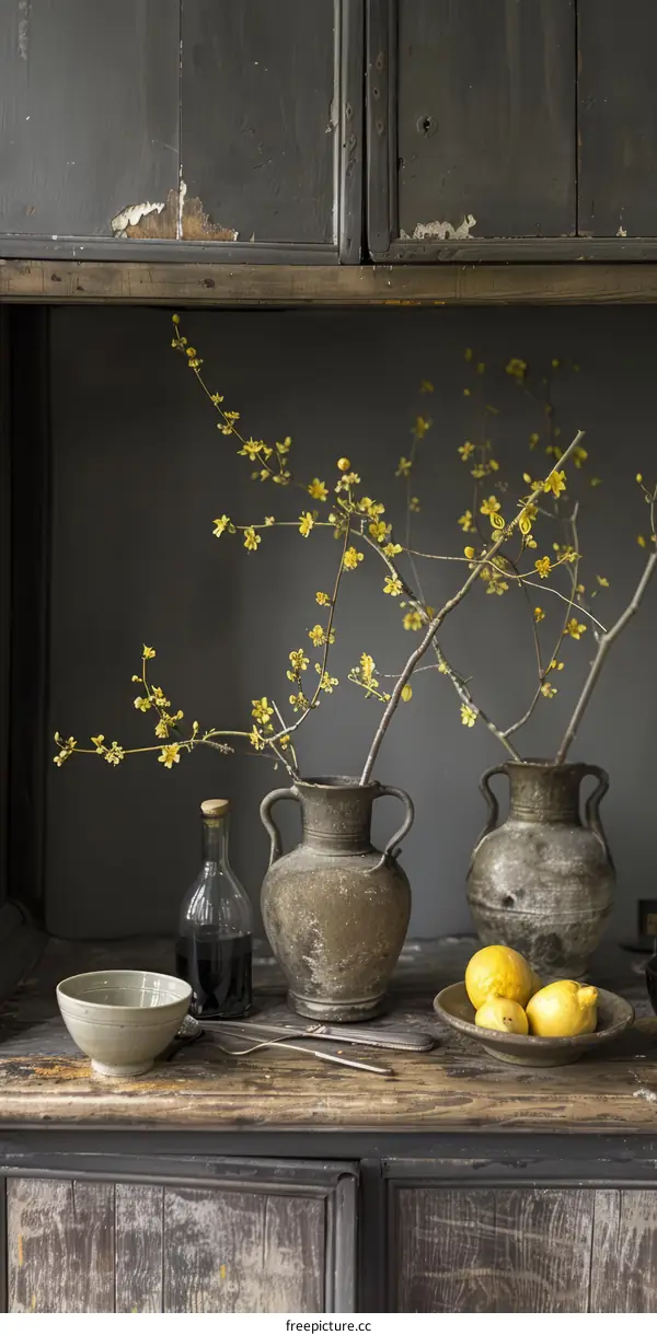 Still life with lemons and yellow flowers