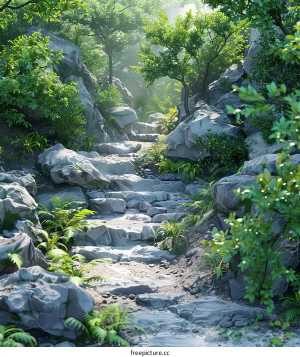 A Stone Path Leading Through a Dense Forest