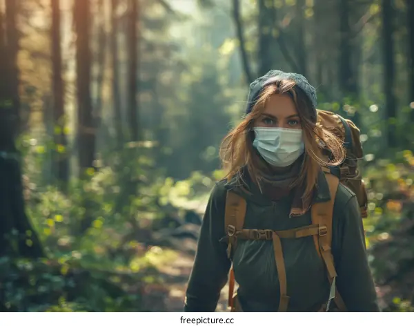 woman hiking in the woods with a mask on