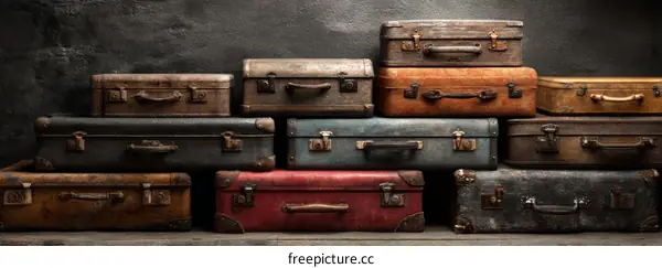 Vintage Travel Suitcases Stacked Against Dark Wall