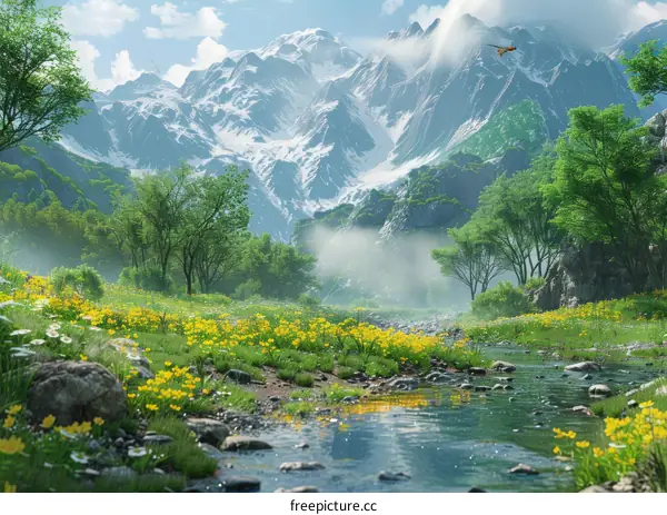 Panoramic photo of colorful flowers and lush green trees with snow capped mountains in the background
