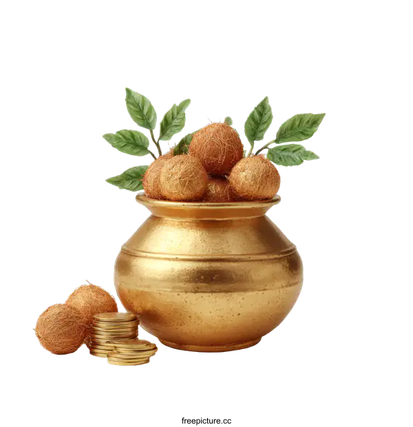 [Transparent Background PNG]Golden Pot with Coconuts and Coins Wealth Prosperity