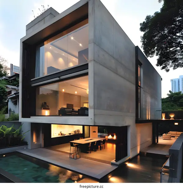 Modern Concrete House with Pool and Outdoor Dining Area