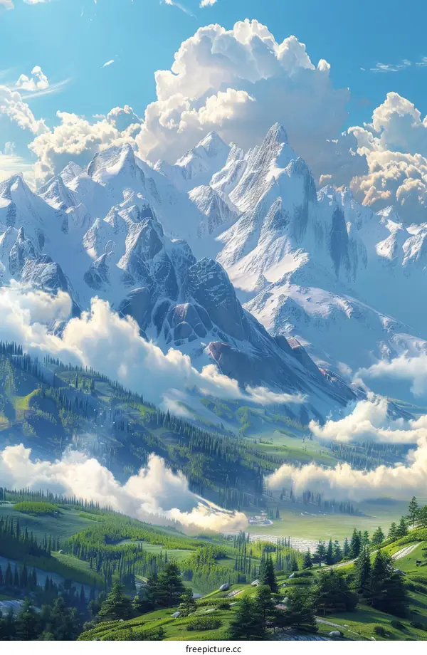Majestic Snow-Capped Mountains and Lush Valley