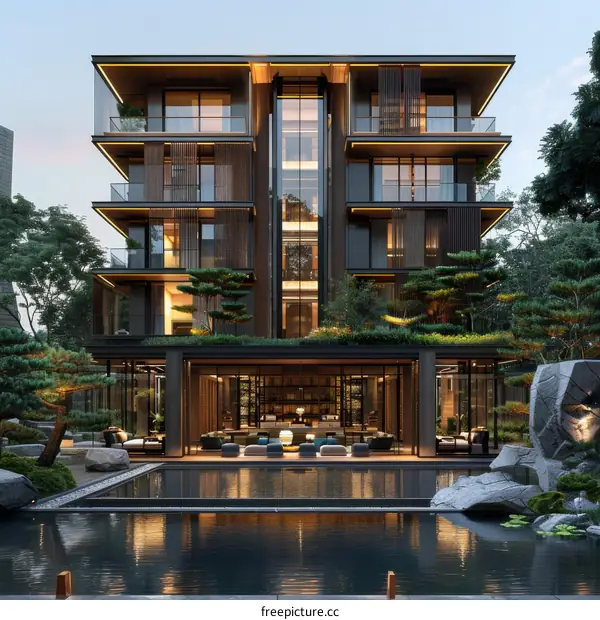 Modern Japanese Style Apartment Building with Garden and Pool
