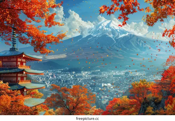 Pagoda near Mount Fuji in autumn