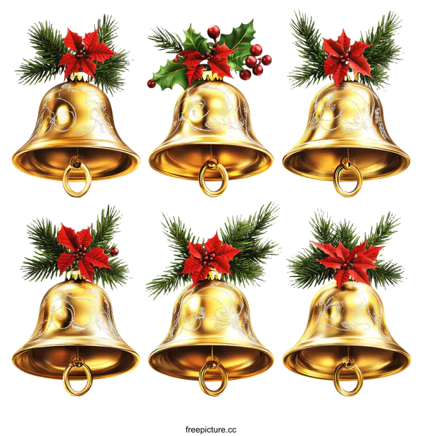 [Transparent Background PNG]Golden Christmas Bells with Festive Decorations