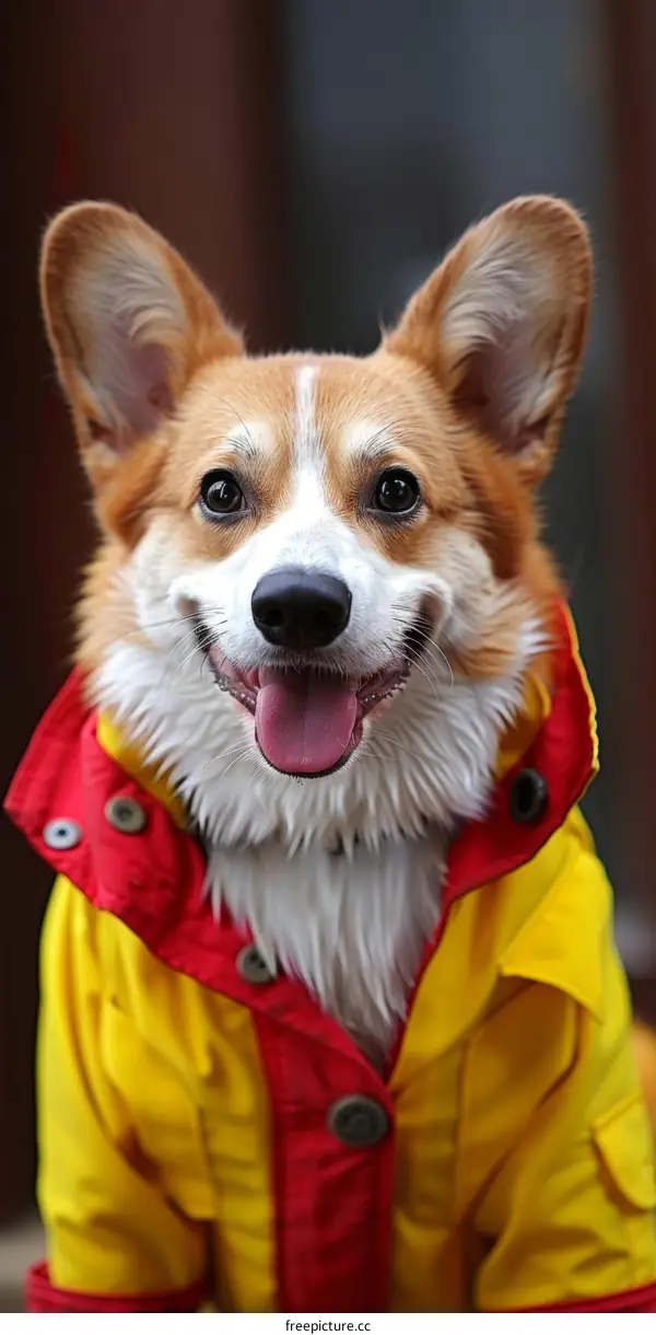 A happy corgi dog wearing a red and yellow raincoat