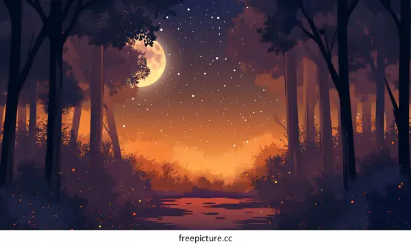 Night Forest Illustration with Moon and Stars